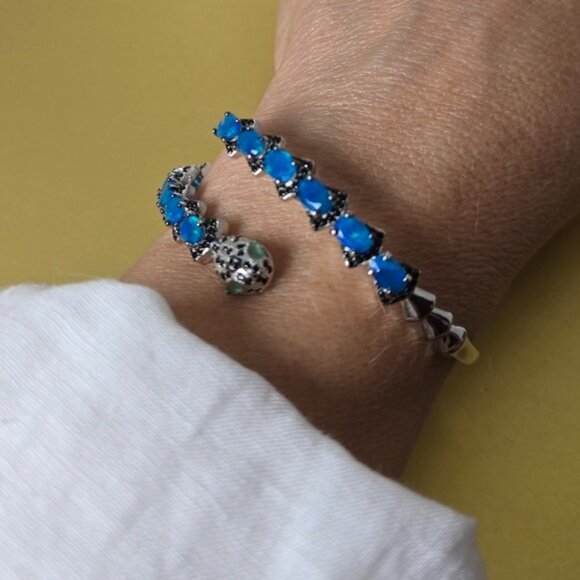 Natural Blue Opal, Emerald & Spinel 925 Sterling Silver Snake Bangle Bracelet - Picture 4 of 7